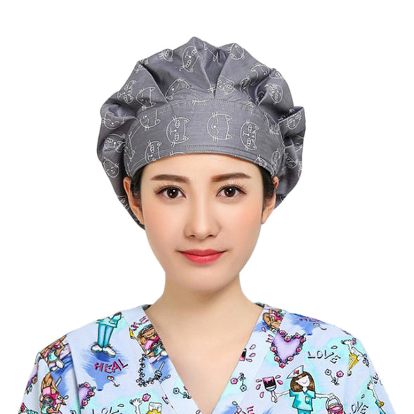 Bouffant Caps with Button and Sweatband, Elastic Adjustable Working Hats for Long Hair Ladies, One Size Multi Color
