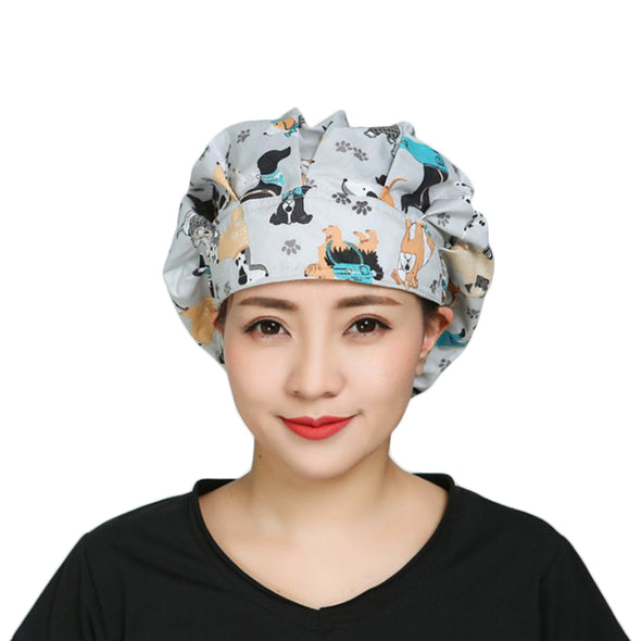 Bouffant Caps with Button and Sweatband, Elastic Adjustable Working Hats for Long Hair Ladies, One Size Multi Color